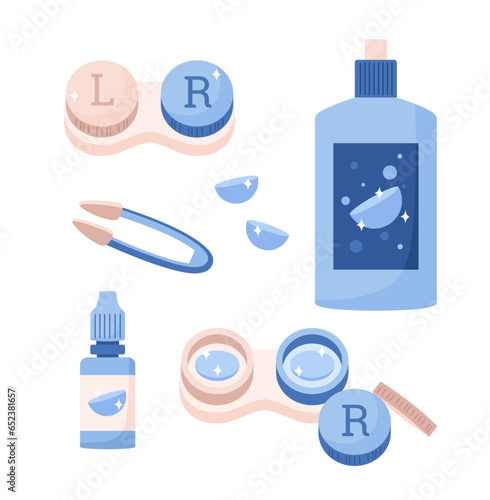 Vector set of optometry accessory for vision, transparent contact lenses with containers, tweezer and solution in bottle