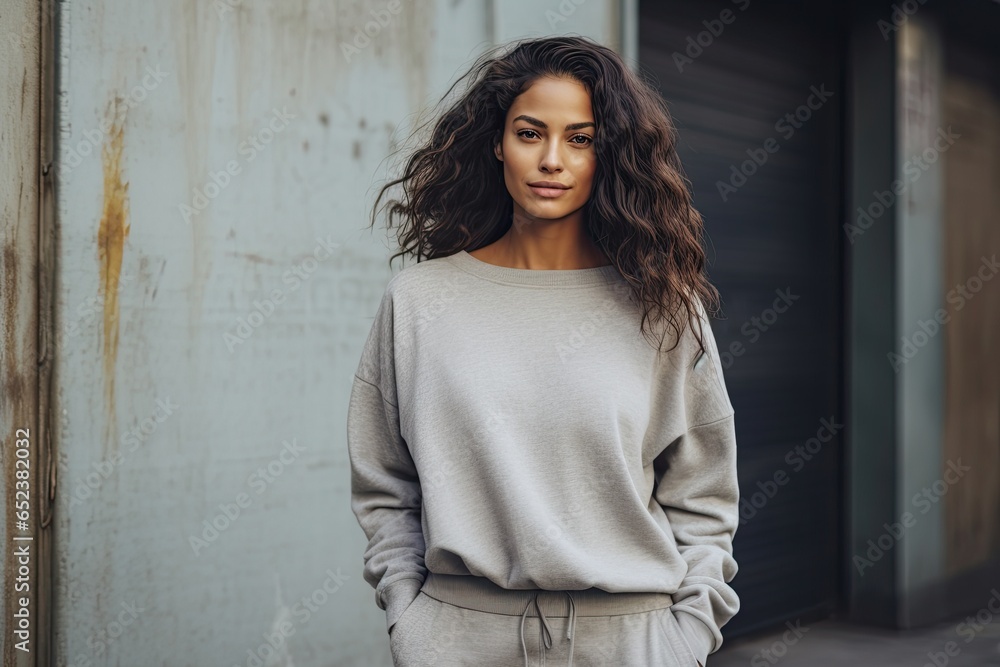 young woman wearing greay sweatpants and sweatshirt  - fashion shoot (Generative AI) - obrazy, fototapety, plakaty 