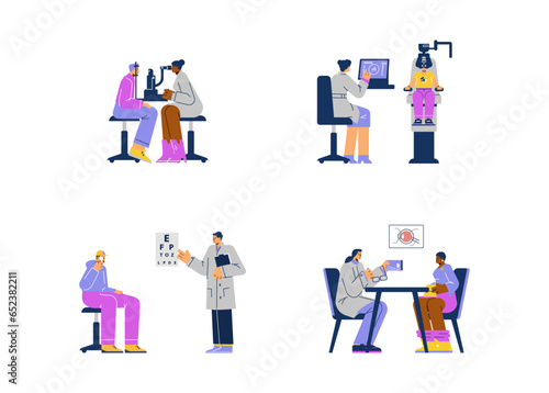 Vector isolated illustrations set of different stages of eye examination in the ophthalmologists office, vision treatment