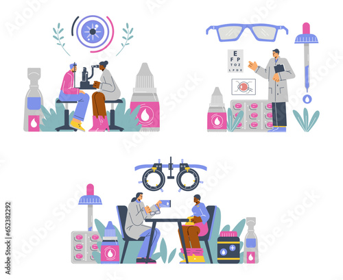 Set of ophthalmologists working flat style, vector illustration