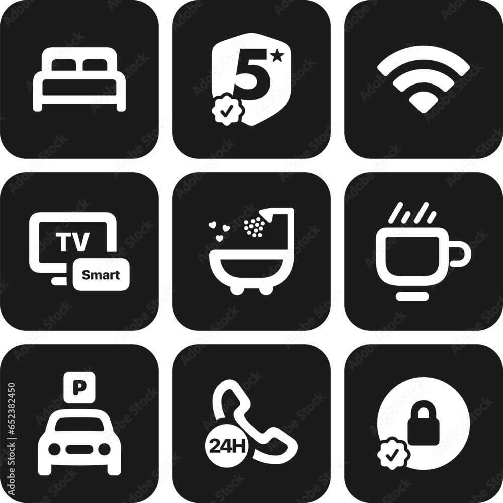 icons set of hotels booking app isolated on white background. hotel facilities logo icons printed on paper. icons set of hotels booking app isolated on white background. hotel facilities logo icons printed on paper.