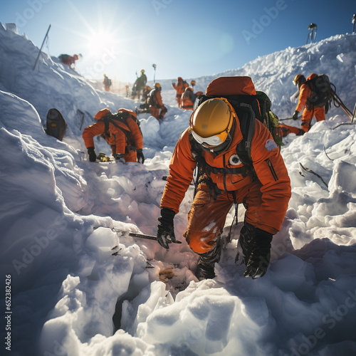 Helpers use evacuation aids to search for people buried in an avalanche, ai regerated