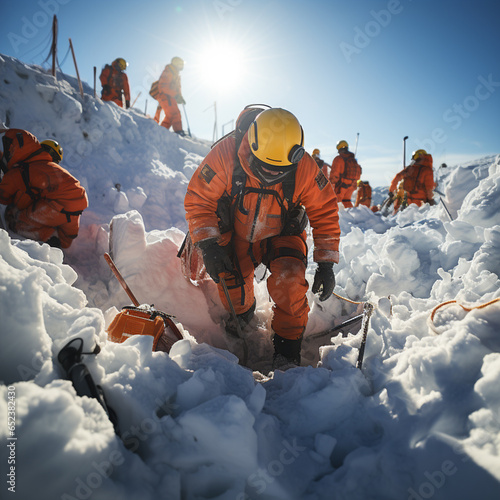 Helpers use evacuation aids to search for people buried in an avalanche, ai regerated