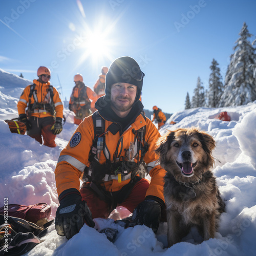 Helpers use evacuation aids to search for people buried in an avalanche, ai regerated photo