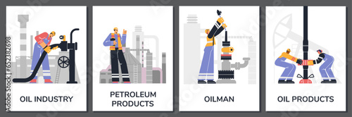 Posters set of various processes for ensuring the oil and gas manufacturing, vector flat industry workers and engineers