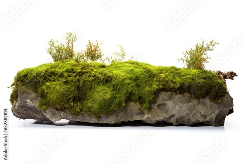 Textured stone surface covered with moss isolated on white background.