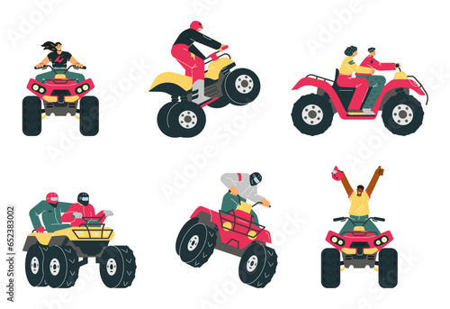 Vector isolated illustrations set with red Quad bike with racing people, ATV, all-terrain vehicle, outdoor adventure