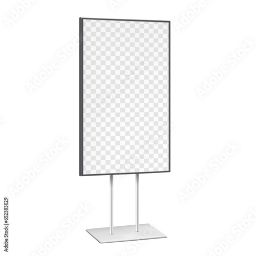 Vertical digital LCD display stand realistic vector mockup. Large video banner with transparent screen on metal base mock-up