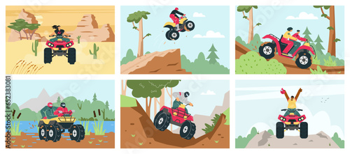 Vector illustration set with red quad bike with people in helmet off-road driving in the forest, desert, swamp, mountain