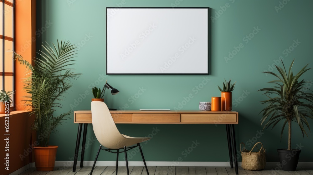 Frame mock up in Home Office Coastal-Inspired in Red, Mockups Design 3D, HD Frame mock up in Home Office Coastal-Inspired in Red, Mockups Design 3D, HD