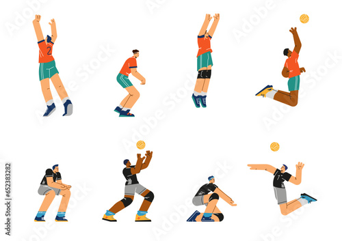 Vector Volleyball players illustrations set, athletes with ball in different poses, handling, jumping, defense offense