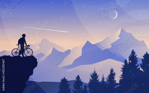 Cyclist on top of a mountain. Mountain bike. Travel concept of discovering, exploring. Cycling. Adventure tourism. Polygonal flat design for coupon, voucher, gift card. Minimalist illustration