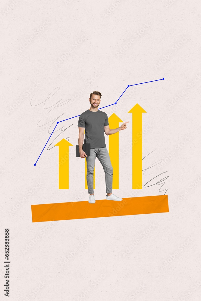 Collage template sketch of happy smiling guy professional manager presenting diagram stats isolated on drawing background Collage template sketch of happy smiling guy professional manager presenting diagram stats isolated on drawing background