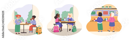 School canteen or cafeteria scenes set, flat vector illustration isolated on white background.