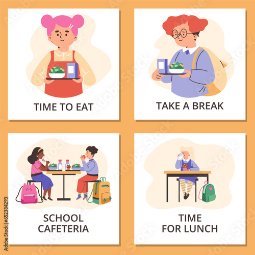 Cute kids with food trays in school cafeteria, square posters set, flat vector illustration.