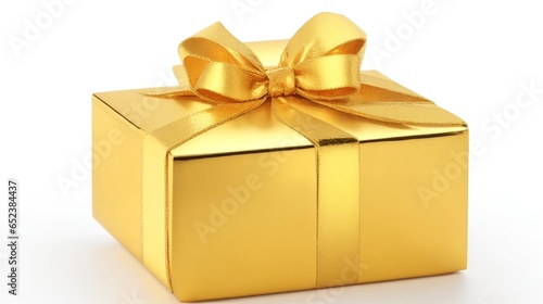 golden christmas gift box with ribbons and beautifull attractive decoration on white background