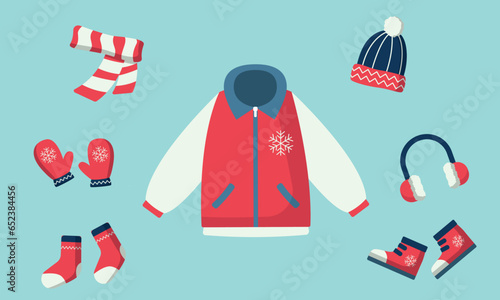 Illustration vector graphic winter suit red, blue, white colors, flat design illustration cartoon design, winter set suit, winter sport icon, bennie, jacket, headphone, gloves, shoes, syall, sock.