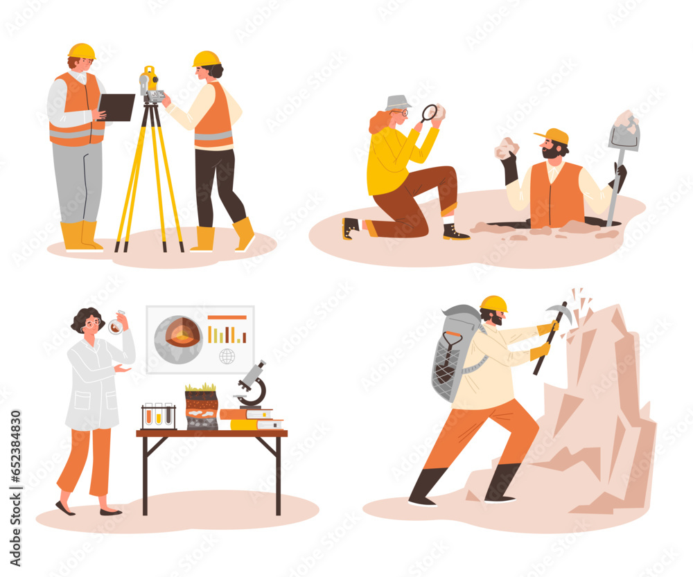 Set of geologists working flat style, vector illustration