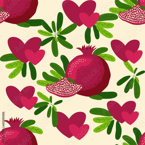 Pomegranate fruit seamless pattern. Bright leaves and fruits, seeds and lobules. Shana Tova seamless pattern