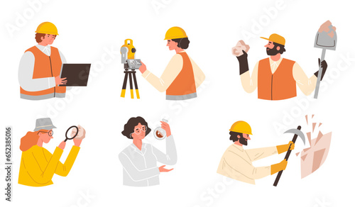Vector set of cartoon geologist compositions with people and technical equipment for excavation, research, measurement