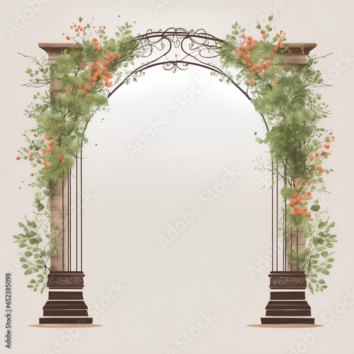 Vector illustration of a rustic arch adorned with tree branches and isolated design elements on a white background, created in a watercolor-style.