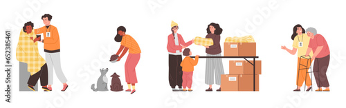 Set of volunteers help elderly and disabled people and animals, flat vector illustration isolated on white background.