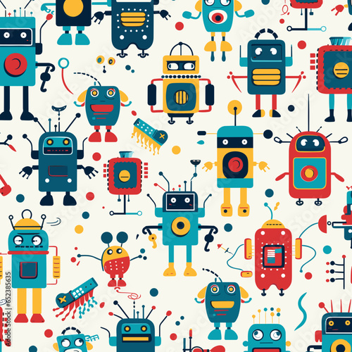 Robot characters pattern, background, hand-drawn cartoon flat art Illustrations in minimalist vector style