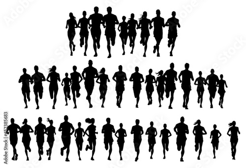 set silhouettes of people running pose