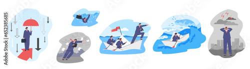 Vector set survival of individual business person or team in economic and financial storm, leadership, business success