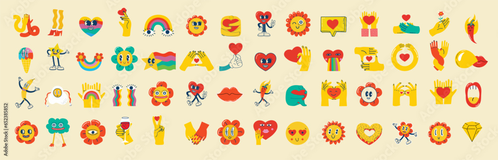 Trendy groovy sticker set. Retro cartoon style valentines day. 70s 60s aesthetics isolated elements. Vintage vector illustrations. Trendy groovy sticker set. Retro cartoon style valentines day. 70s 60s aesthetics isolated elements. Vintage vector illustrations.