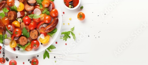 Thai sausage and veggies served in a white plate isolated pastel background Copy space