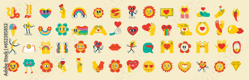 Trendy groovy sticker set. Retro cartoon style valentines day. 70s 60s aesthetics isolated elements. Vintage vector illustrations.