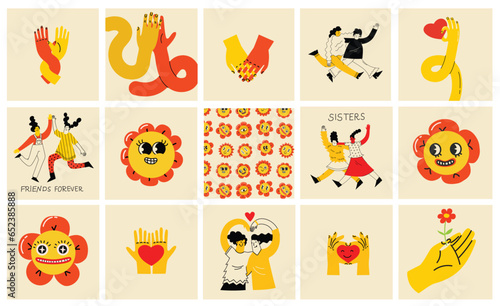 Best friends concept illustration. Vector illustration of multicultural girls and multicultural friendship. Happy friendship day. Teenage girl friends hugging and having fun.