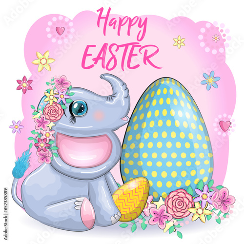 Cute cartoon elephant, childish character with beautiful eyes holding an easter egg. Happy Easter