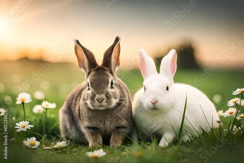 white rabbit on green grass © TANATPON