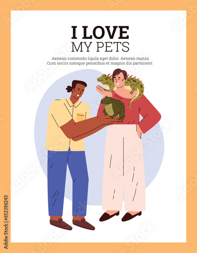 Persons holds a green big frog and guana in hands, cute cartoon exotic pet reptiles, flat vector I love my pets poster