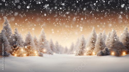 Winter background with Christmas trees in the snow and snowflakes © Alina
