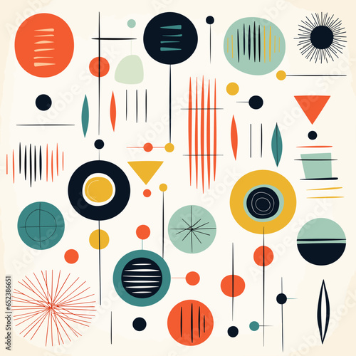 Mid-century modern pattern, background, hand-drawn cartoon flat art Illustrations in minimalist vector style
