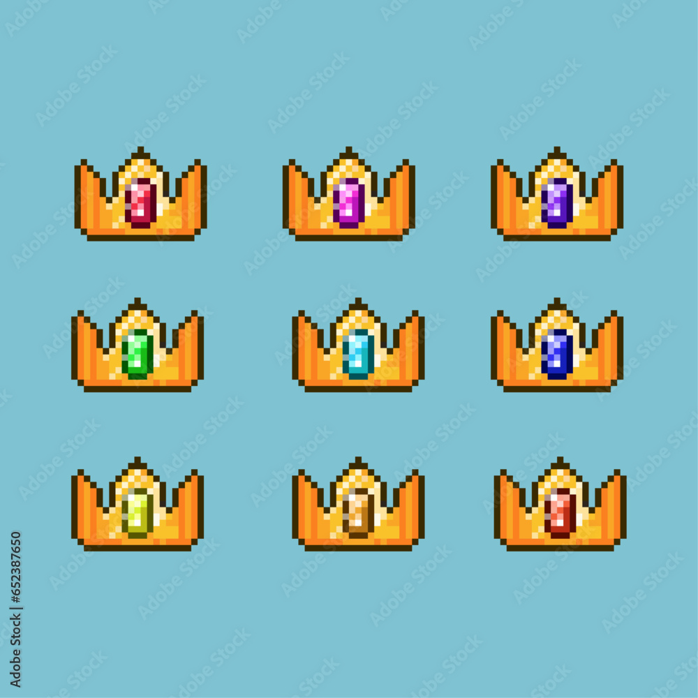 Pixel art sets of crown with variation color item asset simple bits of crown on pixelated style 8bits perfect for game asset or design asset element for your game design asset