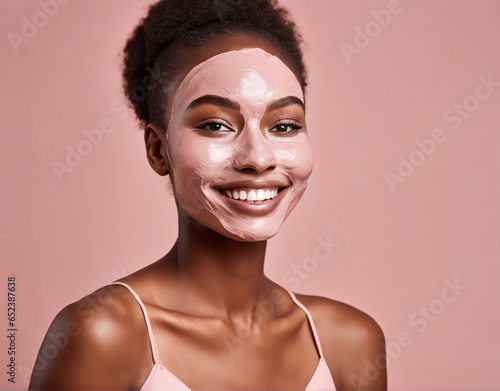 portrait of young black women smiling with pink clay mask on face natural organic skincare beauty shot