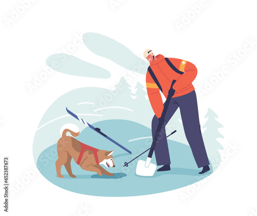Courageous Rescuer And Loyal Dog Characters Tirelessly Dig Through Snow To Save Avalanche Victim In The Mountains