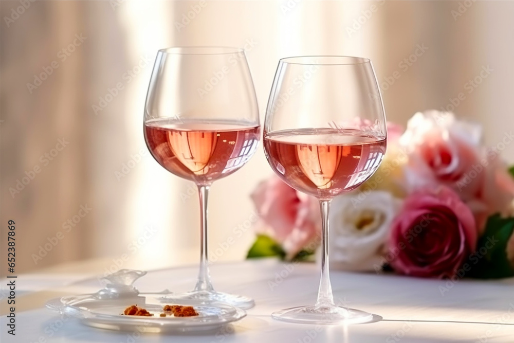 Two glasses with sparkling rose wine on table background with roses, St. Valentines Day greeting card