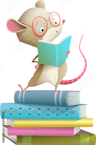 Cute baby mouse wearing glasses reading on a book stack. Pile of books and character design for children. Education, school and library illustration for kids. Vector animal cartoon in watercolor style