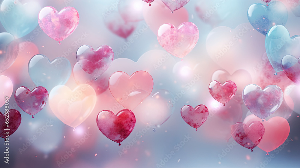 Pink heart wonders floating in a dreamscape of tranquility, underscored by a gentle blue expanse