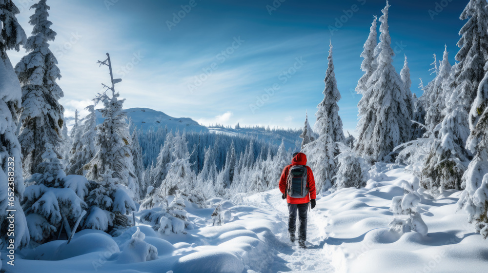 A hiker with a red jacket hikes through nature in winter on a snowy path