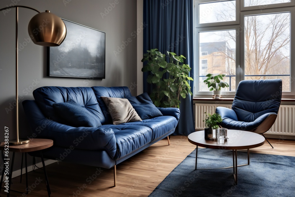 Fototapeta premium Dark blue sofa and recliner chair in scandinavian apartment. Interior design of modern living room