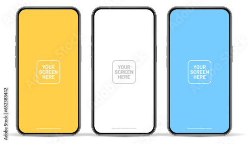 3D realistic high quality smartphone mockup with isolated background. Smart phone mockup collection. Device front view. 3D mobile phone with shadow on white background.