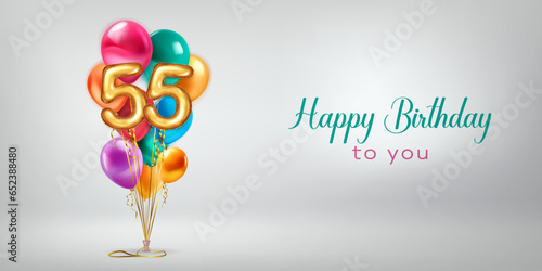 Festive birthday illustration with a bunch of colored helium balloons, golden foil balloons in the shape of the number 55 and lettering Happy Birthday to you on white background