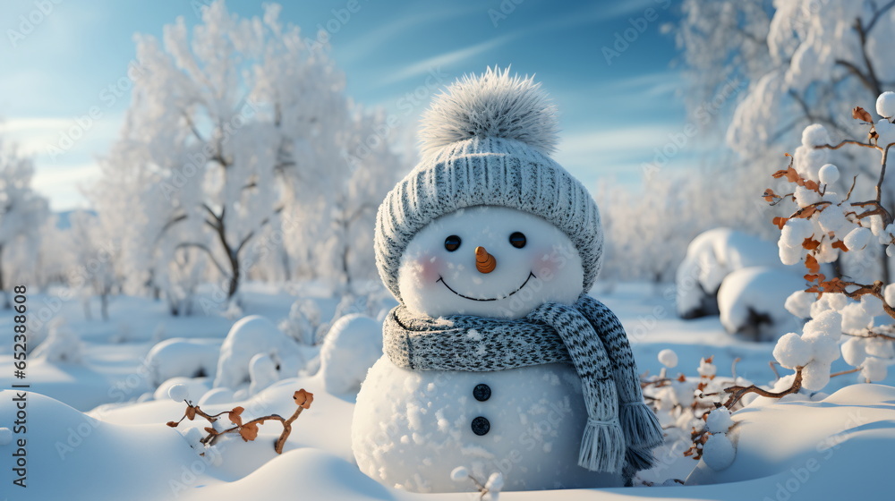 Obraz premium Happy smiling snow man on sunny winter day.