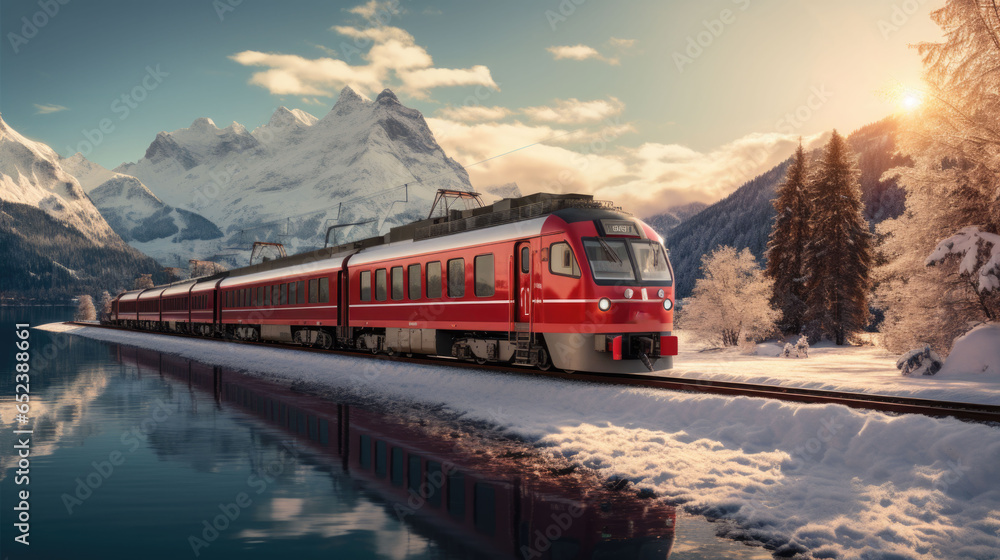 A red train travels through a winter landscape with snow